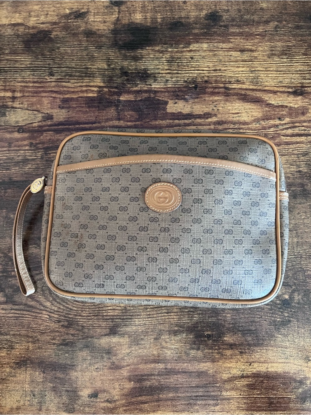 Vintage 80s Gucci Brown Monogram Wristlet Clutch with Tan Trim